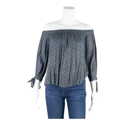 SUPERDRY Off the Shoulder Top Blue Crazy Pattern Long Sleeve Womens S