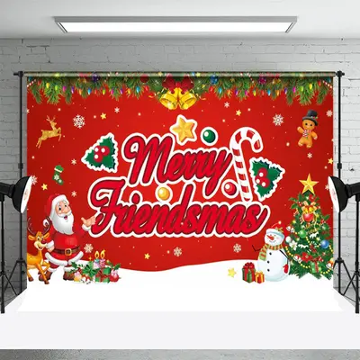 Red Merry Friendsmas Santa Tree Snowy Xmas Backdrop - Aperturee