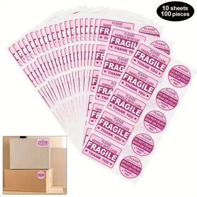 Fragile Please Handle with Care Pattern Sticker, 100pcs Adhesive Label Sticker Suitable for Shipping Packaging Mailing Envelo...