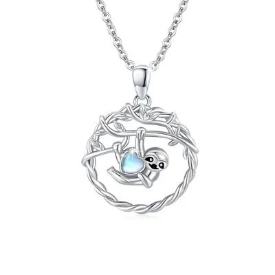 Sterling Silver Heart Shaped Moonstone Sloth Pendant Necklace