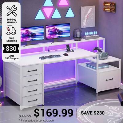 SEDETA ® 66 Inch Computer Desk Home Office LED Gaming Table with 5 Drawer White Home Office Furniture