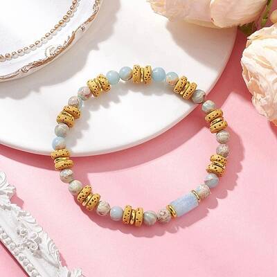 Natural Lava Rock & Synthetic Aqua Terra Jasper & Natural Aquamarine Beads Strethch Bracelets