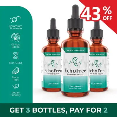 EchoFree - 3 Bottles β 100% Natural β 20-in-1 Liquid Formula for Ear Wellness β With Chromium Picolinate, Ginkgo Biloba...