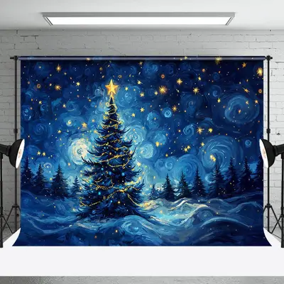 Twinkling Stars Blue Sky Xmas Tree Christmas Backdrop - Aperturee