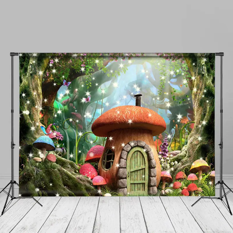 Mushroom Butterfly Light Star Forest Spring Backdrop - Aperturee