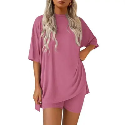 Women's Summer Two-Piece Set 2025 Casual Oversized Crewneck Split Hem Shirts & Side Pocket Biker Shorts Minimalist Lounge Wea...