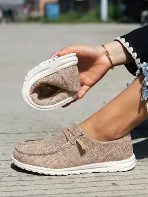 Women's Fashionable Plain Color Round Toe Slip on Sneakers, Lightweight Breathable Comfortable Lace-up Flats Shoes, Casual Co...