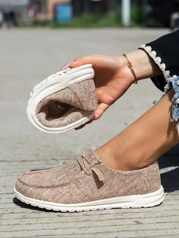 Women's Fashionable Plain Color Round Toe Slip on Sneakers, Lightweight Breathable Comfortable Lace-up Flats Shoes, Casual Co...