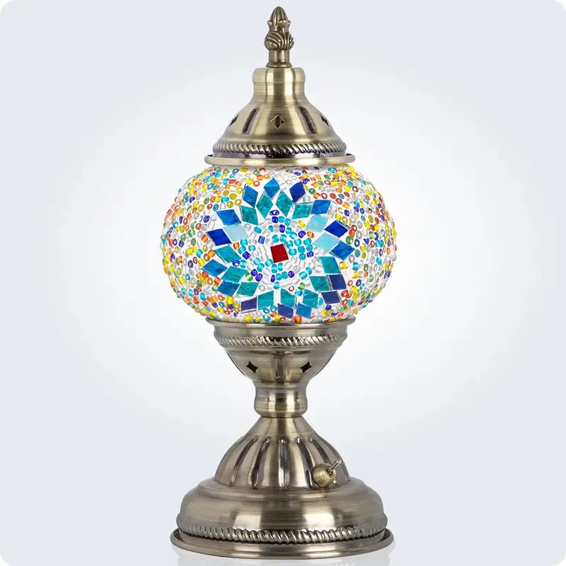 Yarra-Decor Handmade Turkish Moroccan Lamp - Tiffany Mosaic Glass with Bronze Base, Portable Bedside Lamp, Rechargeable Batte...