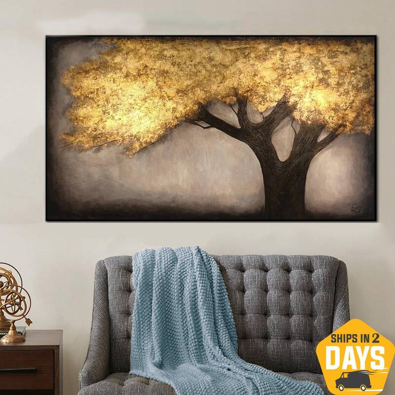 Original Abstract Tree Paintings On Canvas Gold Nature Fine Art Modern Art Textured Handmade Wall Art | GOLDEN TREE 40"x...