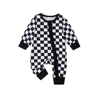 Baby Girl Boy Checkerboard Romper Round Neck Long Sleeve Full Length Zipper Jumpsuit for Fall
