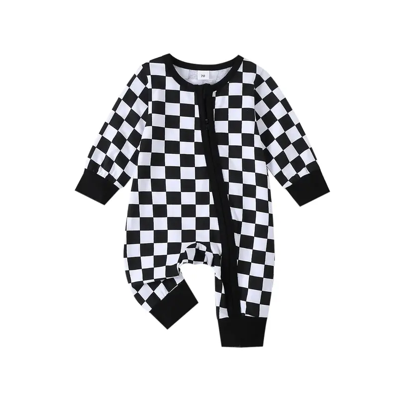 Baby Girl Boy Checkerboard Romper Round Neck Long Sleeve Full Length Zipper Jumpsuit for Fall