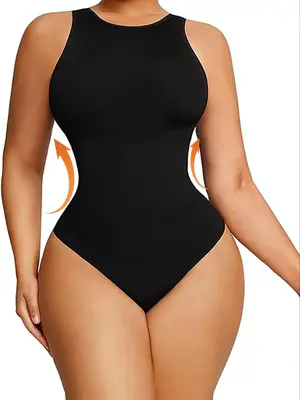 Women's Solid Skinny Tank Bodysuit, Summer Casual Round Neck Sleeveless Bodycon Bodysuit for Summer, Women's Clothing for D...