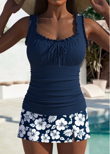 Modlily Mid Waisted Floral Print Blue Tankini Set - XL