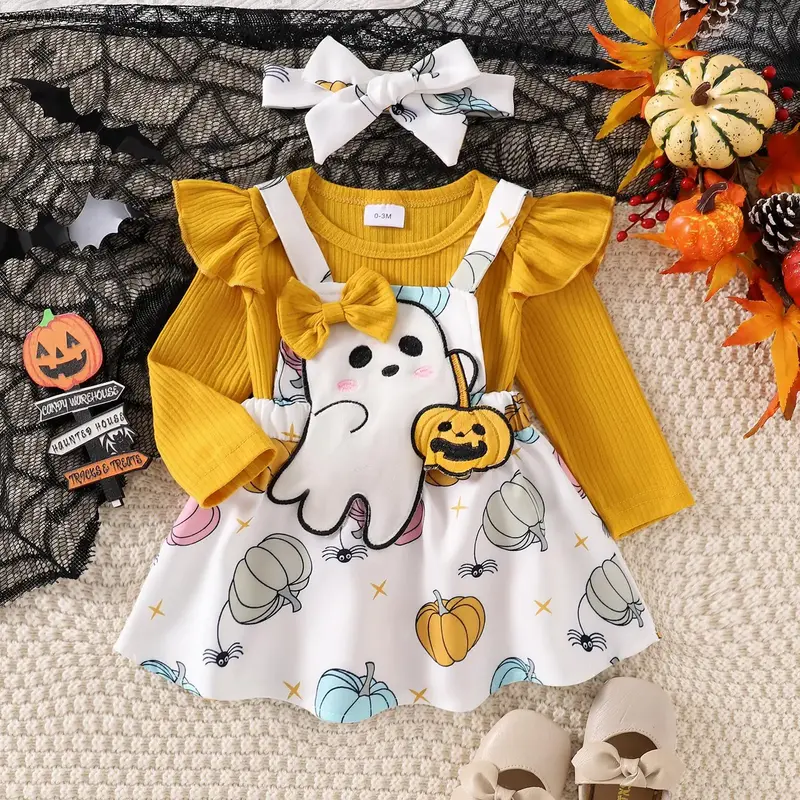 Baby Girls Infant Cute Halloween Costumes, Ribbed Long Sleeve Bodysuit Ghost Patch Suspender Dress Tie-Up Headband 3-Piece Se...