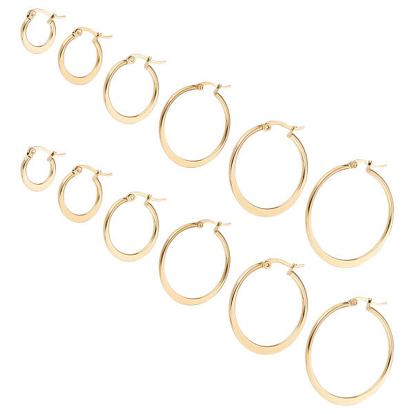 12 Pairs 6 Style 304 Stainless Steel Flat Hoop Earrings
