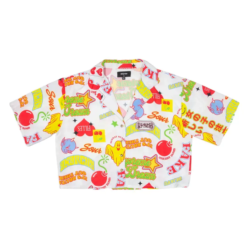 NGORDER Cropped Womens Shirt White Crazy Pattern UK 12