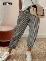 Women's Striped Print Pocket Elastic Waist Pants, Casual Comfy Trousers for Daily Wear, Ladies Bottoms for All Seasons, Slim ...