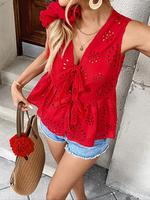 Women's Plain Hollow Out Tie Front Top, Casual Top for Daily Wear, Ladies Clothes for All Seasons, Womenswear