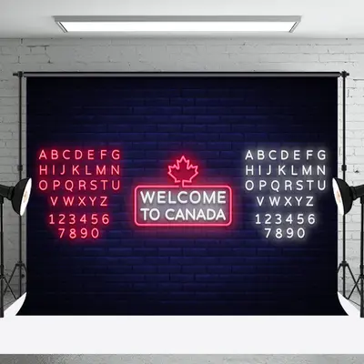 Brick Wall Pink White Neon Welcome To Canada Backdrop