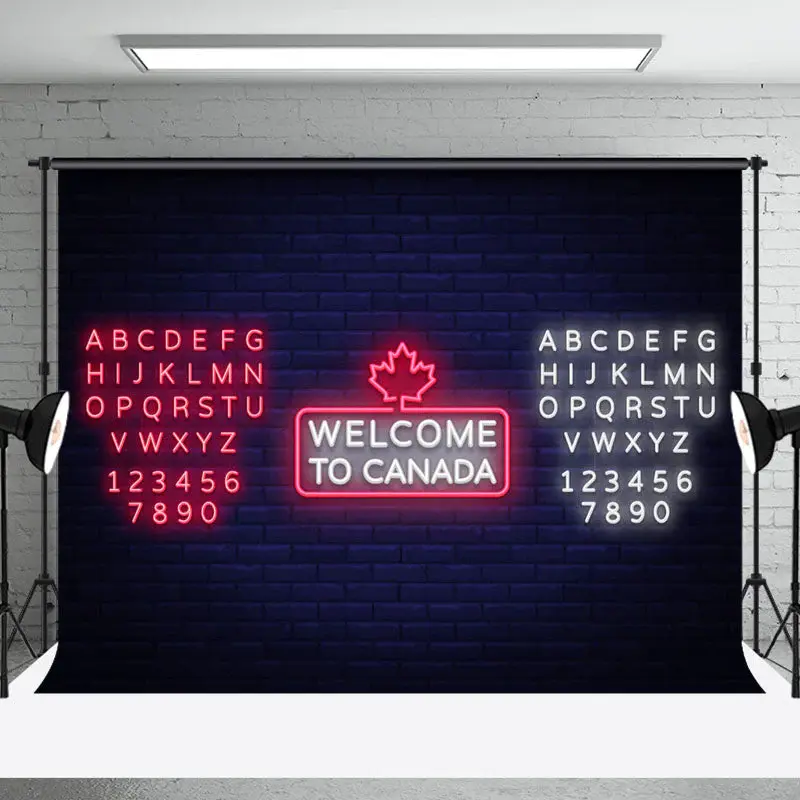 Brick Wall Pink White Neon Welcome To Canada Backdrop