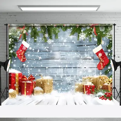 Aperturee Blue Wooden Wall Socks Snowflakes Christmas Backdrop