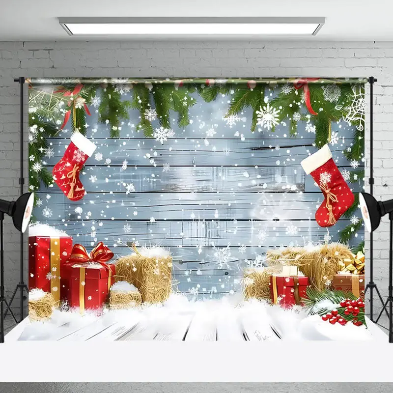 Aperturee Blue Wooden Wall Socks Snowflakes Christmas Backdrop