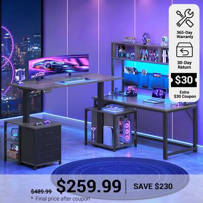 SEDETA 94.5 Inch Reversible Height Adjustable Desk with CPU Stand and Storage Shelves L Shaped Standing Gaming Desk with 3 Dr...