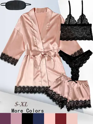 5 Counts Women's Contrast Lace Satin Pyjama Set, Casual Scallop Trim Crop Cami Top & Thong & Belted Wrap Lounge Robe & Bow El...