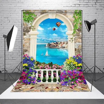 European Door Flower Ocean Stone Wall Photo Backdrop - Aperturee