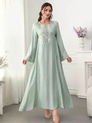 Elegant Muslim Abaya Dress for Women, Long Sleeve Tie Design, Loose-Fitting Woven Fabric, Spring & Fall Islamic Clothing
