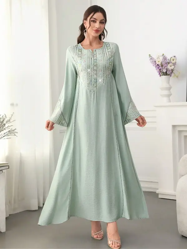 Elegant Muslim Abaya Dress for Women, Long Sleeve Tie Design, Loose-Fitting Woven Fabric, Spring & Fall Islamic Clothing
