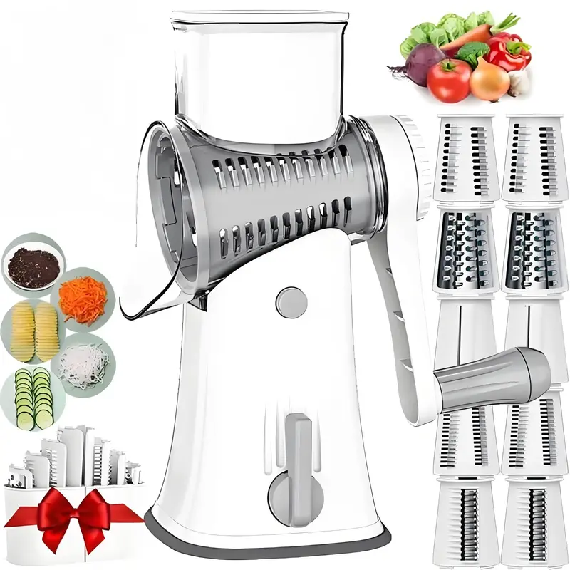 Rotating Cheese Grater, 1 Set Manual Food Vegetable Chopper with Suction Cup Base & Blades, Household Kitchen Tool for Potato...