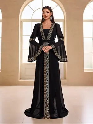 Women's Arabic Clothing, Elegant Long Sleeve Outerwear & Dress, Women's Two-piece Set Outfit for Party Wedding, Ladies Islami...