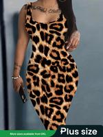 【Plus Size】 Leopard Print Round Neck Bodycon Tank Dress, Summer Clothes Women Women's All Over Print Sleeveless Dress for...