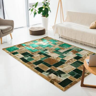 Gold & Emerald Leaf Cowhide Area Rug