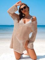 Charmo Swimsuit Cover Up Women Crochet Tops Side Split Swim Bikini sleeve Bathing Suit Beach Coverups Loose Fit Swimwear Dres...