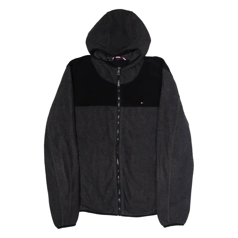 TOMMY HILFIGER Mens Fleece Jacket Grey Hooded Colourblock L