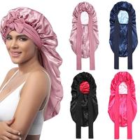 Long Double Layer Satin Bonnet Silk Like Texture for Sleeping Sleep Cap Adjustable Care Hair Bonnets with Elastic Tie Band fo...