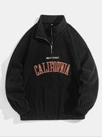 Men's Letter Embroidery Polar Fleece Quarter Zip Sweatshirt, Casual Regular Fit Raglan Sleeve Stand Collar Pullover for Fall ...