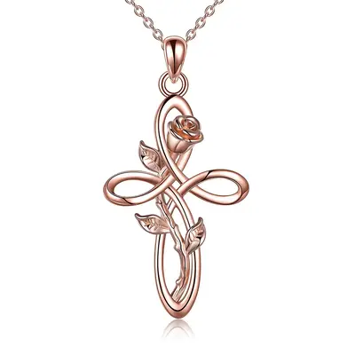 Sterling Silver with Rose Gold Plated Rose & Celtic Knot Cross Necklace for Women