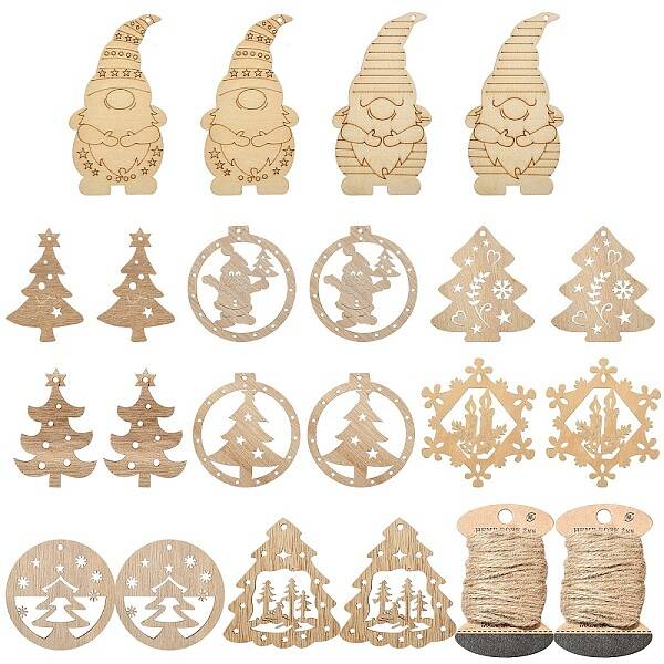 20Pcs 10 Styles Christmas Theme Undyed Wood Big Pendants