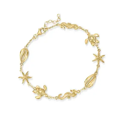 Sterling Silver with Yellow Gold Plated Summer Beach Sea Life Charm Anklet