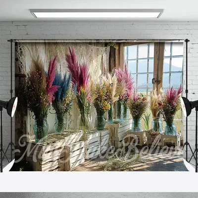 Boho Room Feather Flower Vase Spring Photo Backdrop - Aperturee