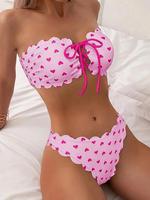 Two-piece Set Women's Heart Print Lace Up Bandeau Bikini Set, Casual Cute Scallop Trim Backless Swim Bra & Swim Panty Two-pie...