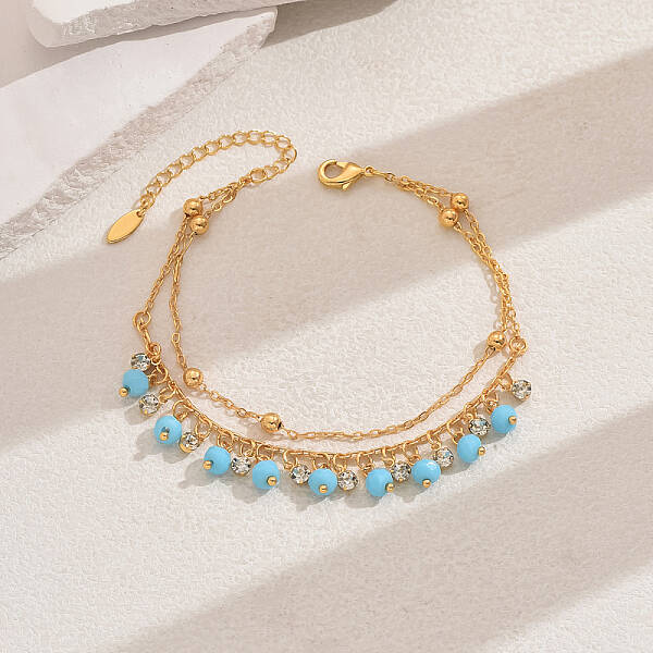Fashionable Vintage Beach Style Brass Cubic Zirconia Double Layer Tassel Ball Adjustable Ladies Anklets