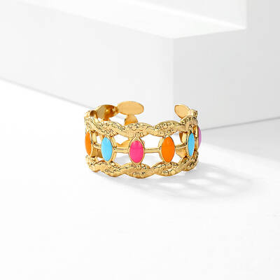 Sweet Hollow Irregular Stainless Steel Enamel Cuff Ring