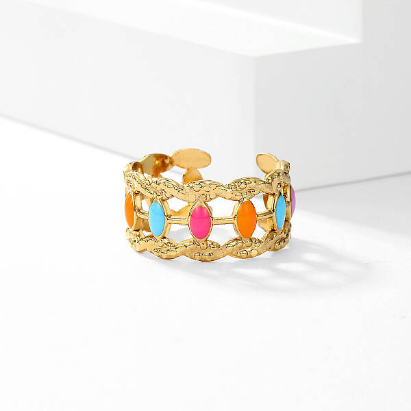 Sweet Hollow Irregular Stainless Steel Enamel Cuff Ring