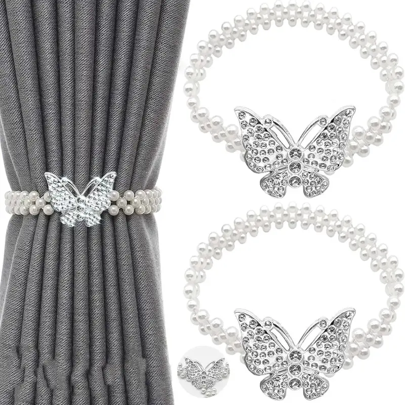 Faux Pearl Decor Curtain Tieback, 4pcs Butterfly Design Creative Curtain Holdback, Home Decor for Living Room Bedroom, Window...