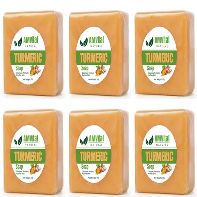 AMVital Turmeric Soap Bar (6 pack) for Face & Body targets dark spots and promotes. Exfoliating Handmade facial jabon de curc...